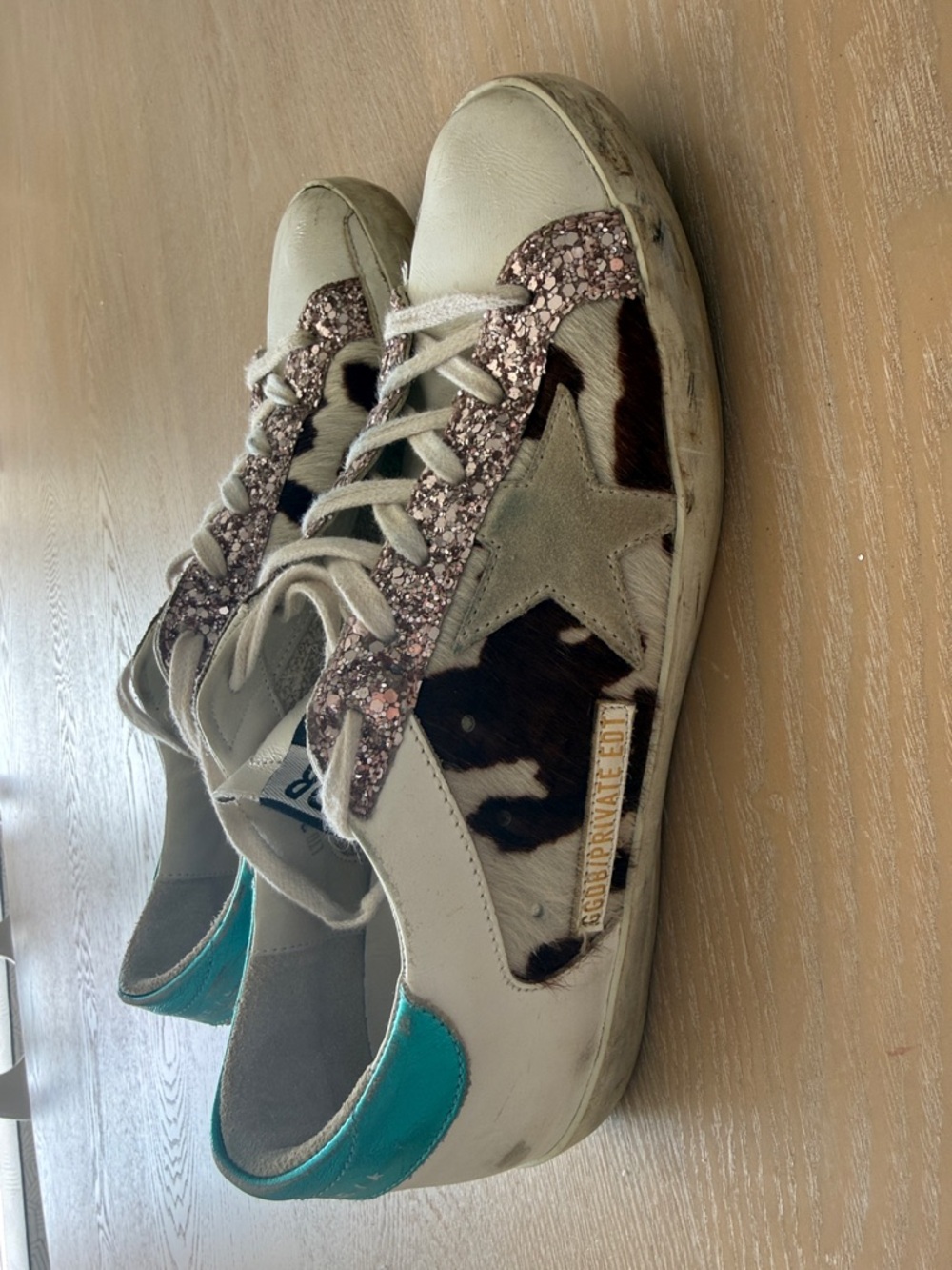 Golden Goose Superstars 39 Cow-Print Sneakers w Pink Glitter Trim and Teal Heel - Picture 8 of 8